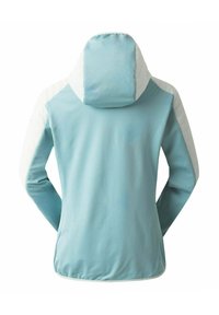 Hellblaues Jackett mit einem gesteppten weißen Schulterbereich und Kapuze. Verfügt über lange Ärmel und eine glatte Textur. Die Rückansicht zeigt den gerafften unteren Saum.