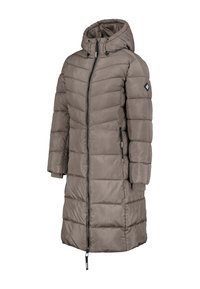 Langer taupe gefütterter Wintermantel mit Kapuze, durchgehendem Reißverschluss, seitlichen Reißverschlusstaschen und gerippten Bündchen an den Ärmeln.