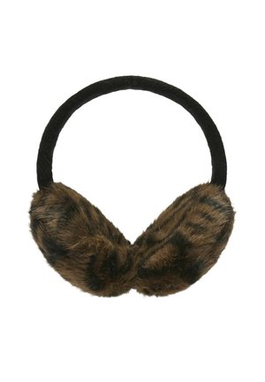 Schwarzes Stirnband mit braunen und schwarzen Kunstfell-Ohrenschützern mit Tigerstreifenmuster.