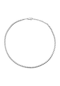 Srebrny naszyjnik łańcuszkowy o skręconym wzorze, gładkiej strukturze i zabezpieczonym zapięciu. Posiada subtelne grawerowanie marki w pobliżu zapięcia.