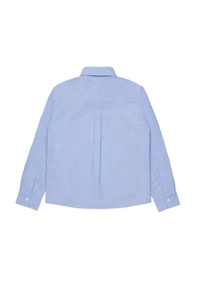 Camicia azzurro chiaro a maniche lunghe, realizzata in tessuto morbido, con colletto classico, polsini abbottonati e dettaglio di cucitura posteriore con piega.