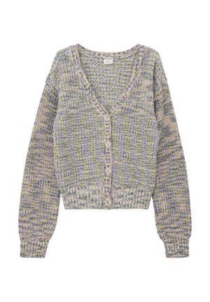 Strickjacke mit V-Ausschnitt, langen Ärmeln und einem verkürzten Design. Material zeigt Farbtöne von Lila, Grün und Creme mit subtiler Textur.