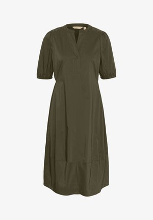 Olíva zöld ruha rövid puffos ujjakkal, félig gombos kivágással és ráncolt derékkal. Simaságával, térd fölé érő fazonjával és enyhe bővülésével tűnik ki.