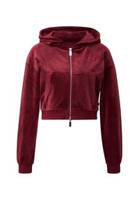 Bordeaux-farbenes, kurz geschnittenes Hoodie aus weichem, strukturiertem Material mit Reißverschluss vorne, doppelter Fronttasche und verstellbarem Kordelzug in der Kapuze.