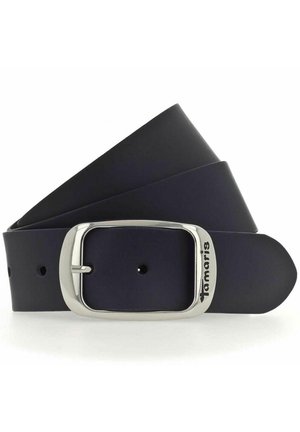 Cintura in pelle blu navy con una superficie liscia e una fibbia rettangolare in tonalità argento, con il nome del marchio "Tamaris" in rilievo.