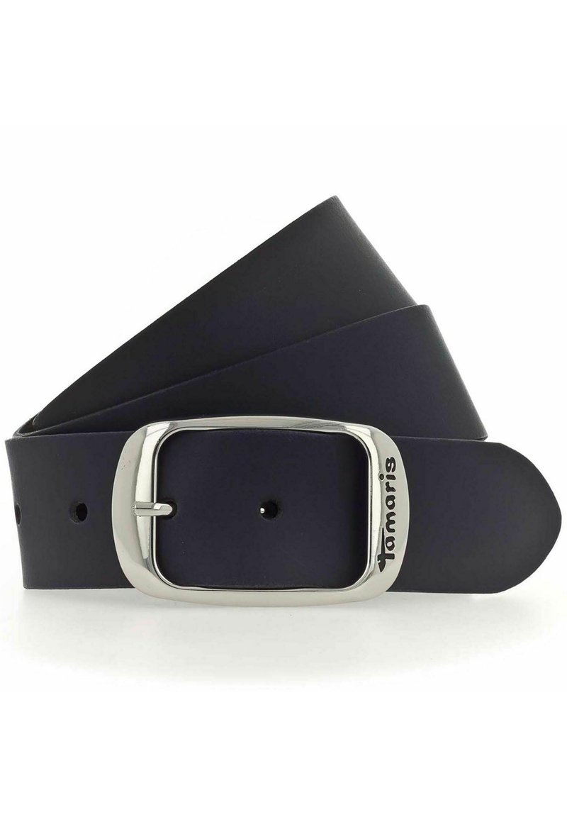 Ceinture en cuir bleu marine avec une texture lisse et une boucle rectangulaire en métal argenté, arborant le nom de la marque "Tamaris" en relief.