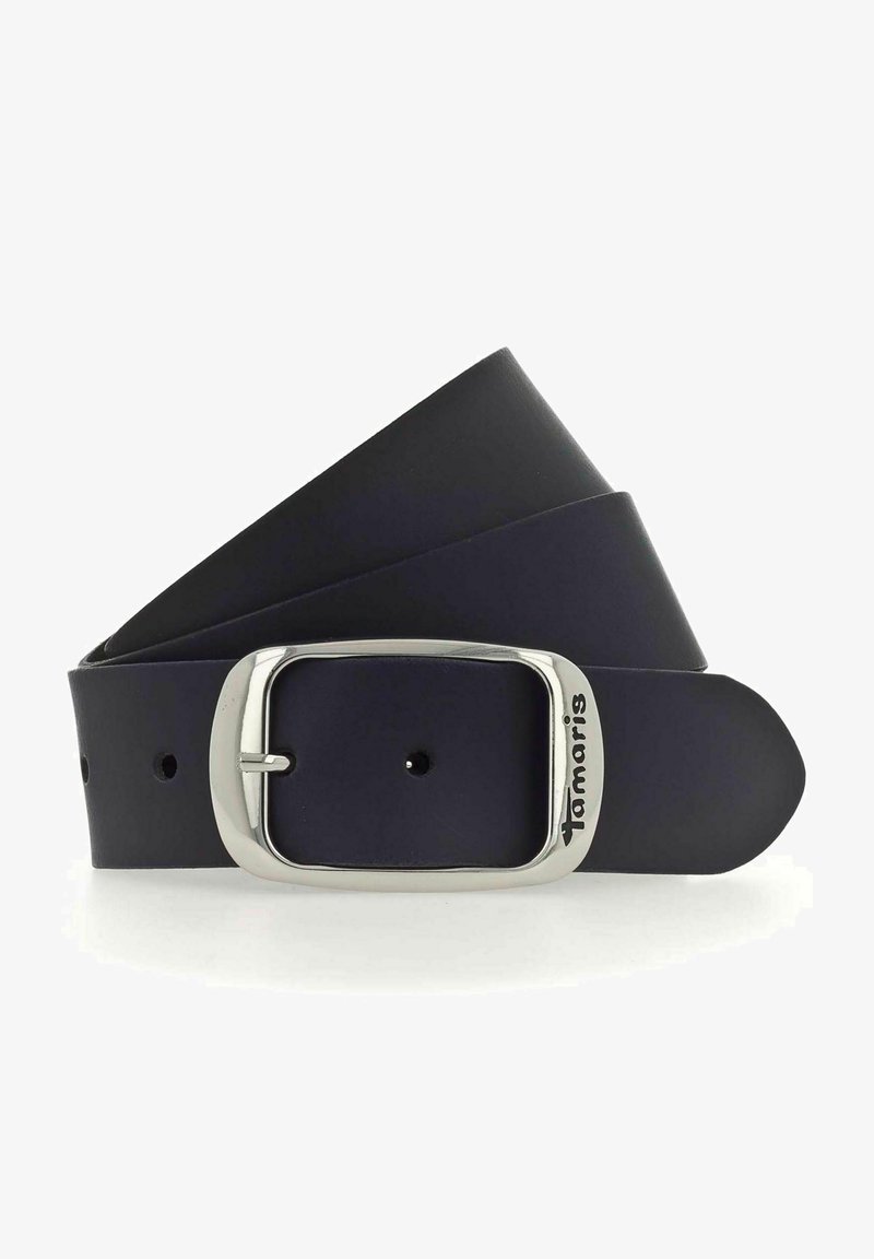 Granatowy skórzany pasek o gładkiej teksturze z prostokątną klamrą w kolorze srebrnym, z wytłoczonym nazwiskiem marki "Tamaris".