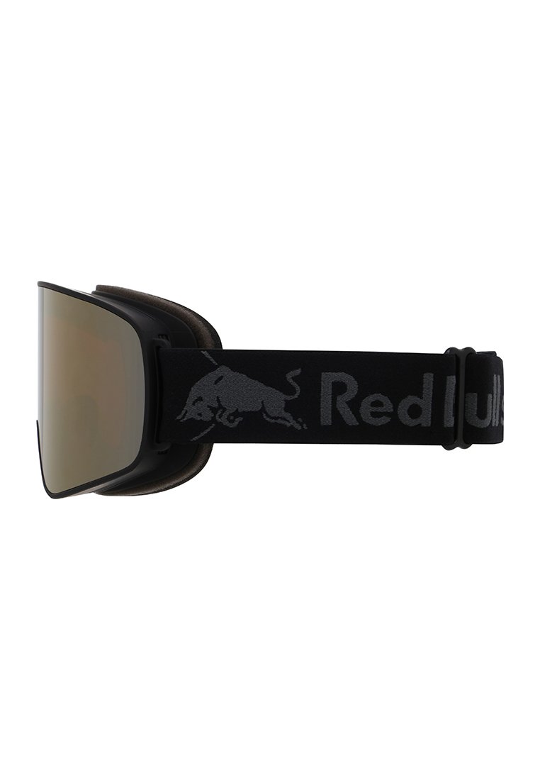 Schwarze Skibrille mit einer großen, gebogenen Linse, die eine verspiegelte Oberfläche hat und mit einem weichen Schaumstoff ausgekleidet ist. Der Gurt ist mit einem grauen Red Bull-Logo versehen.