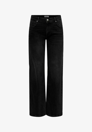 Jeans noirs taille haute avec jambes larges, poches avant, fermeture par bouton et détails de décoloration subtils sur les cuisses.