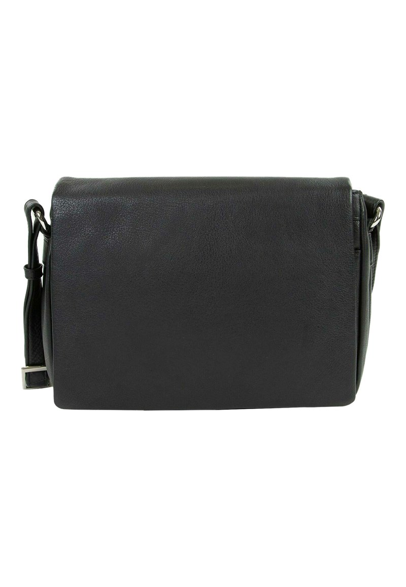 Borsa a tracolla in pelle nera con una superficie liscia, forma rettangolare e tracolla regolabile. Presenta nessun hardware visibile o decorazioni.