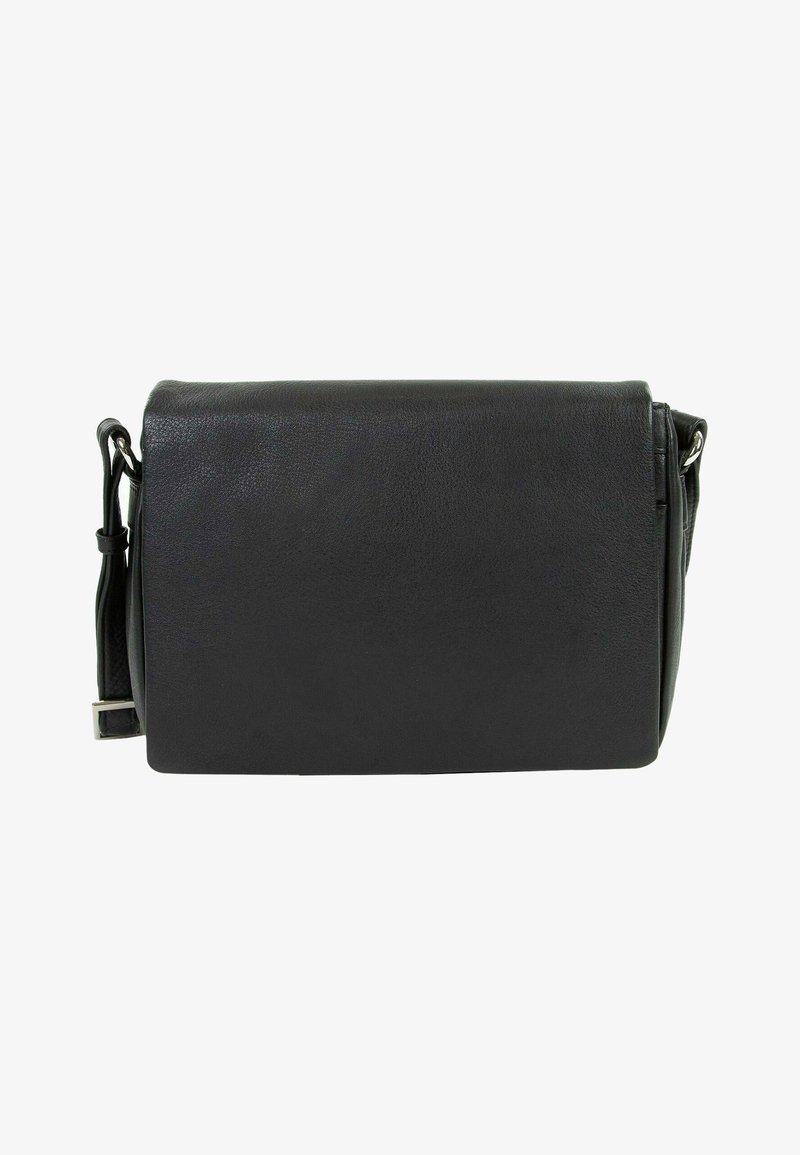 Bolso bandolera de cuero negro con textura suave, forma rectangular y correa ajustable. No presenta herrajes ni adornos visibles.