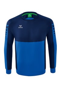 Blauwe sweatshirt met marineblauwe accenten, gemaakt van een gladde stof. Heeft lange mouwen en een ronde hals, met een logo op de borst en strepen op de mouwen.