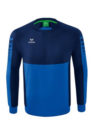 Blauwe sweatshirt met marineblauwe accenten, gemaakt van een gladde stof. Heeft lange mouwen en een ronde hals, met een logo op de borst en strepen op de mouwen.