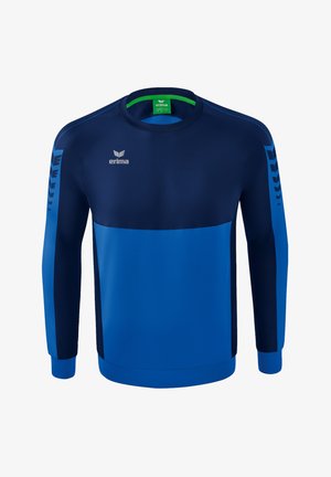 Blue sweatshirt with navy accents, made of smooth fabric. Features long sleeves and a round neck, with a logo on the chest and stripes on sleeves.
