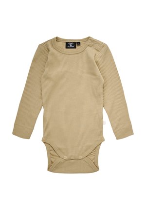 Lange mouw ribbodysuit in lichtbeige, met een ronde halslijn en drukknoopsluitingen op de schouder en onderkant voor gemakkelijke dressing.