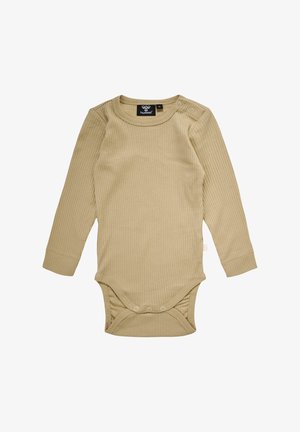 Langærmet ribbet bodysuit i lys beige, med rund halsudskæring og trykknapper ved skulderen og bunden for nem påklædning.