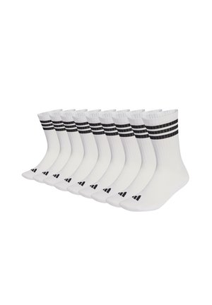 Zehn Paar weiße Crew-Socken mit drei schwarzen Streifen oben und schwarzem Logo nahe den Zehen, in einer Reihe auf weißem Hintergrund angeordnet.