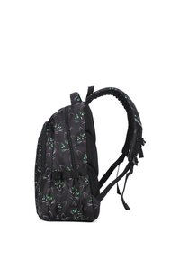 Zaino nero con motivo a faccia di gatto verde, dotato di spallacci imbottiti, numerosi scomparti con zip e tessuto resistente.