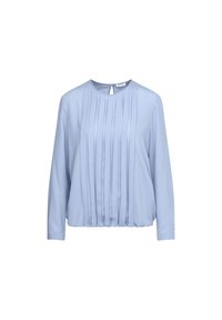 Blusa azzurro chiaro a maniche lunghe con pieghe verticali e scollo rotondo. Presenta una chiusura a chiave sul retro e una texture morbida e liscia.