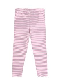 Leggings a righe in rosa chiaro e bianco, con una vita elastica. Realizzati in tessuto morbido, progettati per comfort e flessibilità.