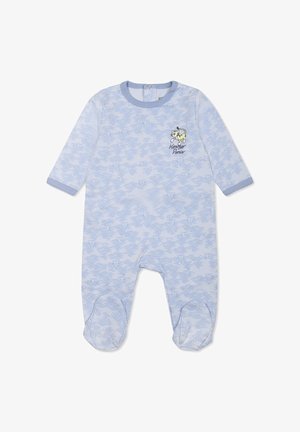 Tutina per neonato a maniche lunghe, di colore blu e con una fantasia a onde, dotata di piedi e di un piccolo dettaglio in stile cartone animato sul petto.
