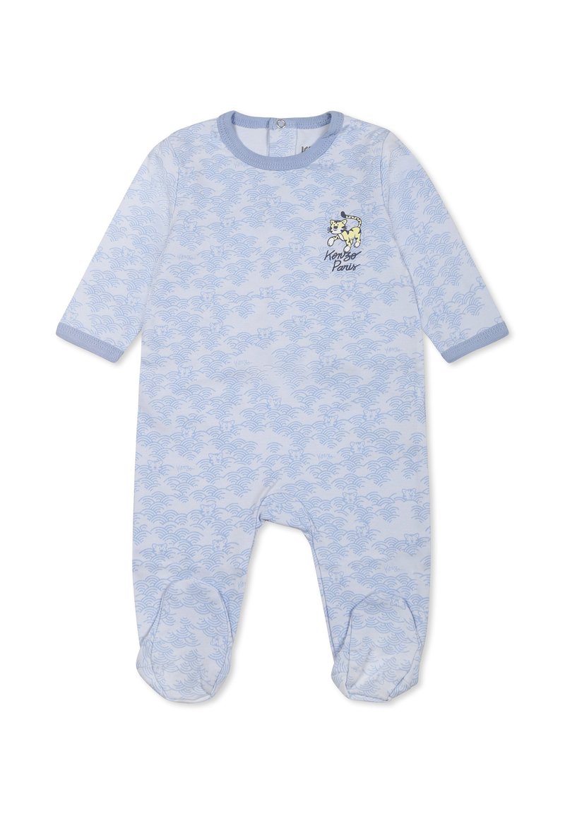 Combi-short pour bébé à motifs bleus avec des manches longues, présentant un design ondulé, un bas entièrement fermé et un petit embellissement cartoon sur la poitrine.