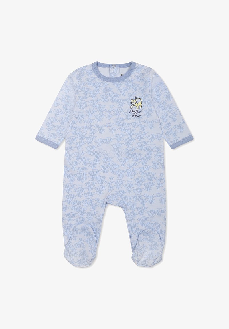 Combi-short pour bébé à motifs bleus avec des manches longues, présentant un design ondulé, un bas entièrement fermé et un petit embellissement cartoon sur la poitrine.