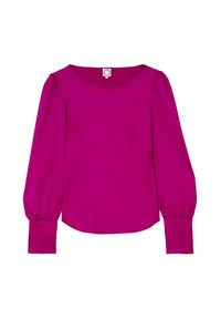 Blouse fuchsia à manches bouffantes longues, col rond et texture lisse. Présente une taille ajustée et des poignets élastiqués pour la forme.