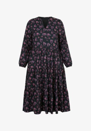 Schwarzes Midi-Kleid mit langen Ärmeln und gestuftem Rock, V-Ausschnitt und pinkem Herz- und Schmetterlings-Doodle-Print.