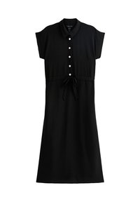 Zwarte jurk met korte kapmouwen, knoopsluiting aan de voorkant en een strik taille. Gemaakt van een zachte stof, met een klassieke kraag en een vloeiende silhouet.