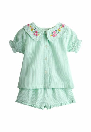 Jasnozielony, w paski zestaw piżam dla małych dzieci z krótkimi rękawami, rozpinaną górą, haftowanym kwiatowym kołnierzem i szortami z falbankami.