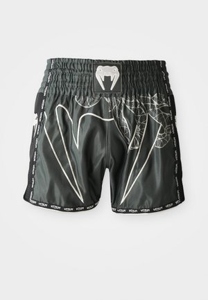 Svarte og grå Venum kampshorts med hvit slangegrafikk og logo på midjen, elastisk midjebånd og Venum-merke langs kantene.