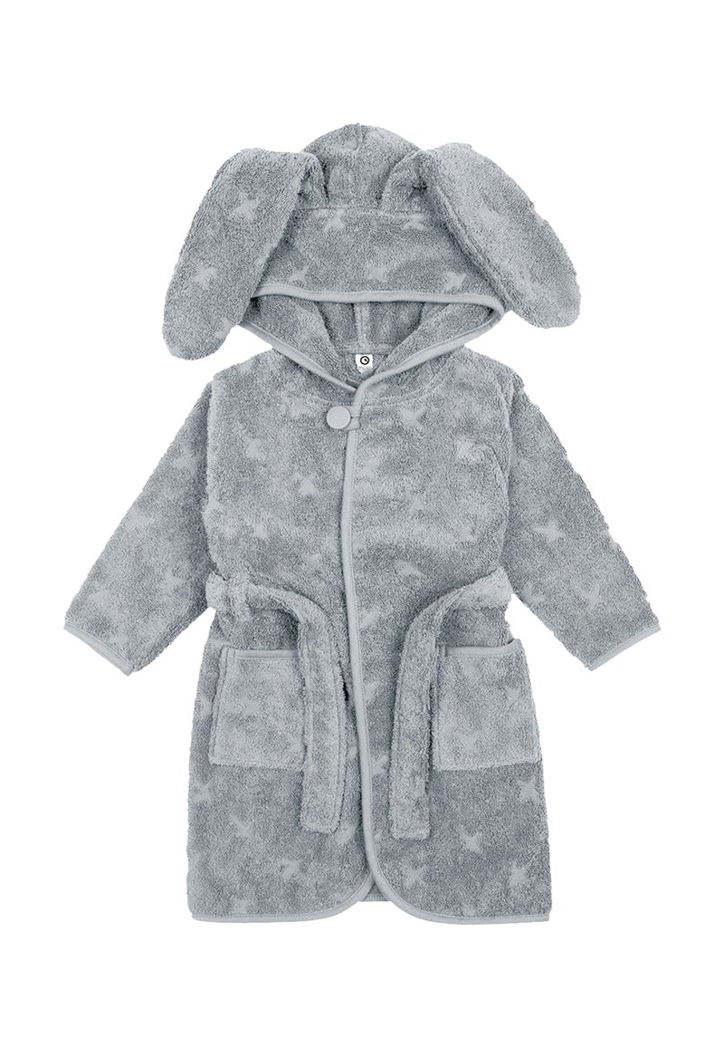 Šedý plyšový župan s králičími oušky, jemnou texturou a vzorem hvězdiček. Má zapínání na knoflíky a dvě přední kapsy.