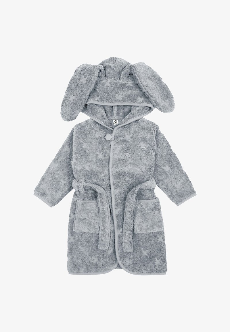 Šedý plyšový župan s králičími oušky, jemnou texturou a vzorem hvězdiček. Má zapínání na knoflíky a dvě přední kapsy.