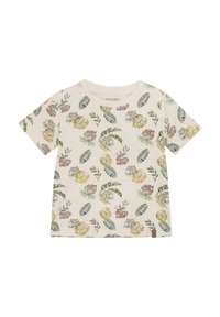 Kortærmet, cremet bomulds t-shirt med farverigt blad- og dyreprint. Indeholder et lille brunt mærke nær sømmen.