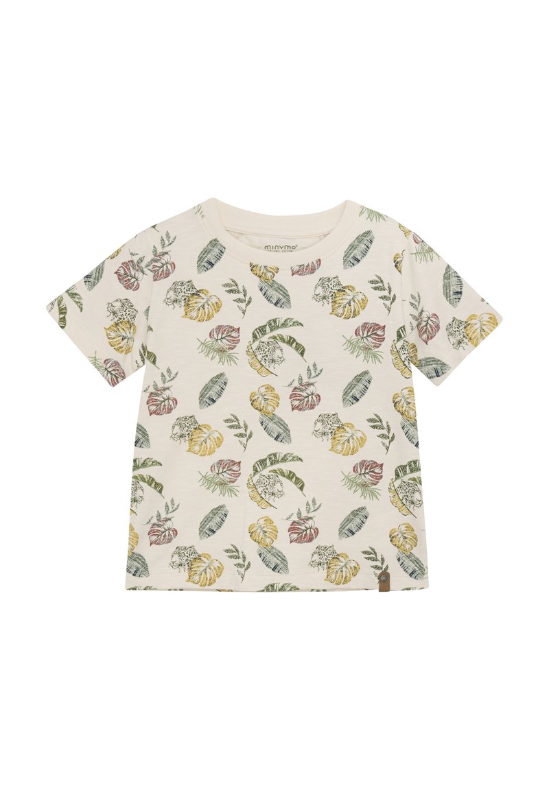 Kortærmet, cremet bomulds t-shirt med farverigt blad- og dyreprint. Indeholder et lille brunt mærke nær sømmen.
