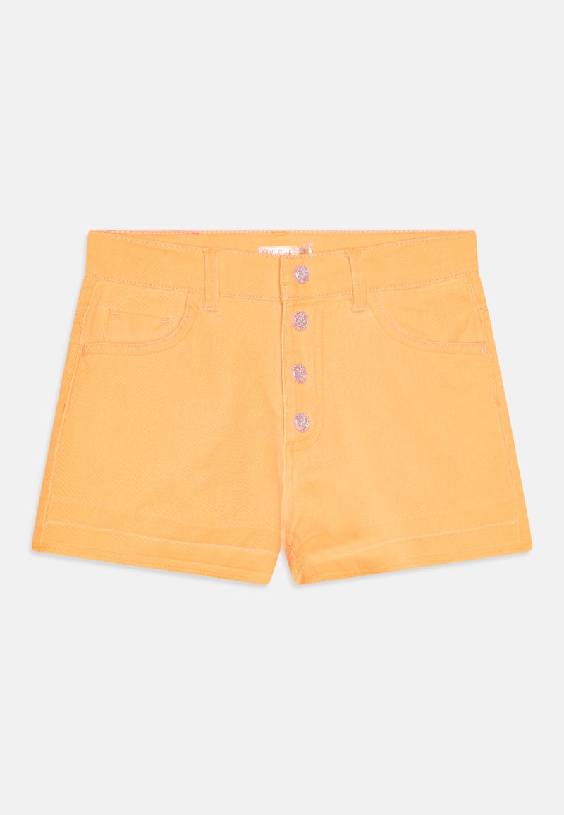 Oranžinės džinsinės šortai su aukštu liemeniu, penkių kišenių dizainu ir priekine sagų uždarymo sistema, turinčia penkias metalines sagas.