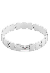 Silver stainless steel bracelet featuring a flat-link design with polished surfaces and connected segments, including a logo accent.