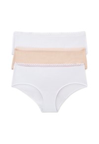 Trois paires de sous-vêtements pour femmes en blanc et beige. Fabriquées en tissu doux avec un bord en dentelle le long des ceintures. Coupe classique de culotte.