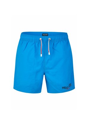 Shorts de bain bleus en tissu léger, avec une taille élastique dotée de cordon de serrage, une poche latérale et le logo "HECHTER" en noir.