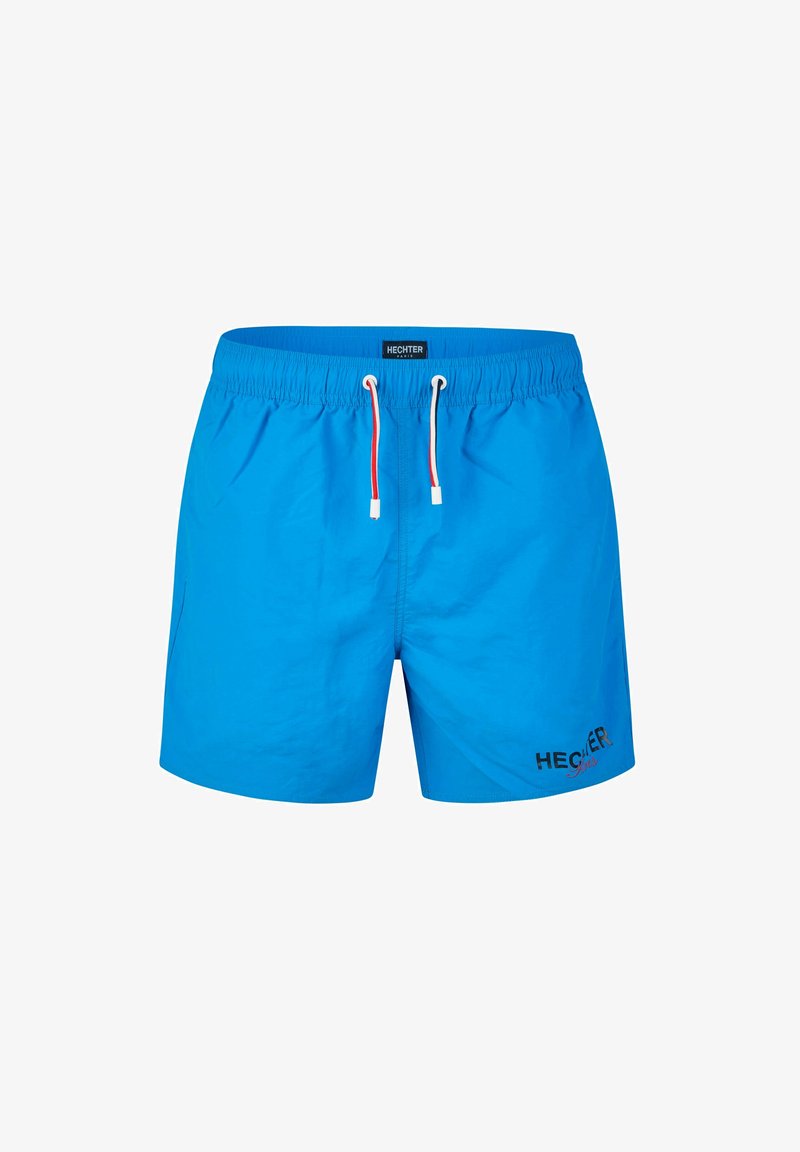 Shorts de bain bleus en tissu léger, avec une taille élastique dotée de cordon de serrage, une poche latérale et le logo "HECHTER" en noir.