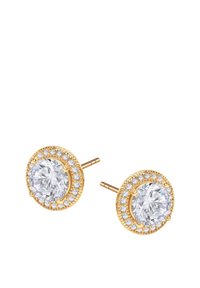 Kolczyki w kolorze złotym w kształcie studów, z centralnym okrągłym przezroczystym kryształem otoczonym mniejszymi przezroczystymi kamieniami oraz teksturowaną okrągłą ramką.