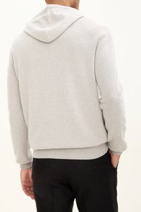 Grauer Kapuzenpullover mit lockerem Schnitt, gerippten Bündchen und Saum, weicher Textur und einer Kängurutasche vorne.