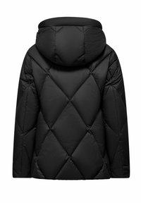 Zwarte pufferjack met een diamantpatroon, capuchon en een gladde textuur. Achteraanzicht met strakke lijnen en minimale details.