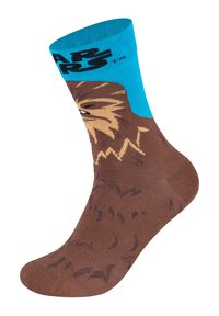 Brązowa dziana skarpetka z turkusowym ściągaczem, z motywem twarzy Chewbakki. Gładka faktura i średnia wysokość, zawiera graficzne akcenty.