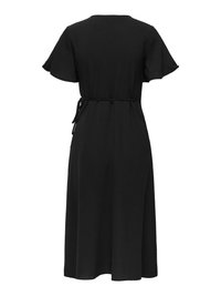 Robe midi noire avec manches courtes volantées, col rond et ceinture à nouer à la taille, présentée de dos sur fond blanc.