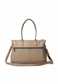 Beige leren tote bag met twee schouderriemen, een ritsvak aan de voorkant en een afneembare schouderriem. Glad textuur met minimale detailing.