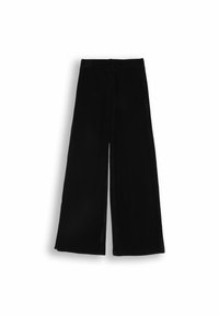 Czarne spodnie o szerokich nogawkach wykonane z miękkiego, teksturowanego materiału, z elastycznym pasem i bez kieszeni czy zdobień.