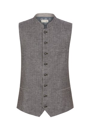 Sleeveless gray vest with a mandarin collar, five button closure, subtle texture, and a single chest pocket. Lightweight fabric.