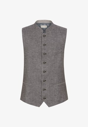Sleeveless gray vest with a mandarin collar, five button closure, subtle texture, and a single chest pocket. Lightweight fabric.